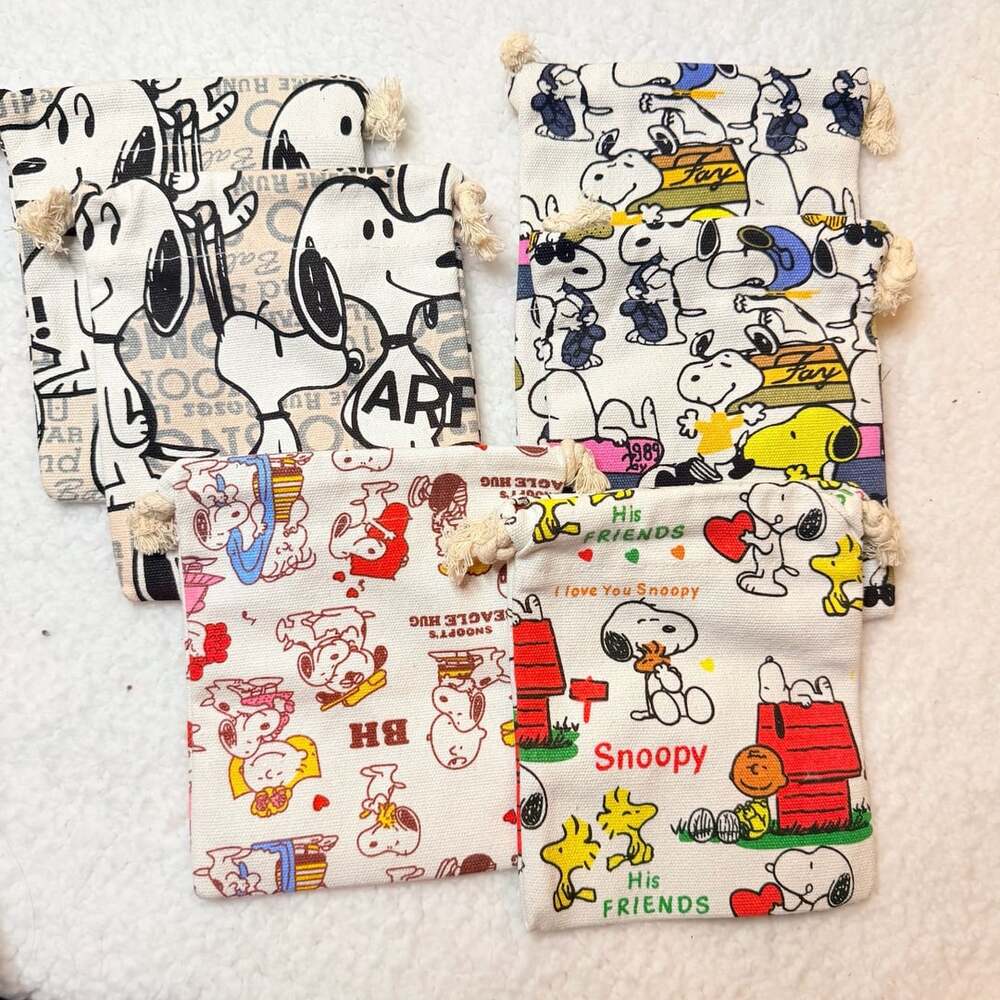 Peanuts Snoopy Drawstring Canvas Pouch Bag Set of 6